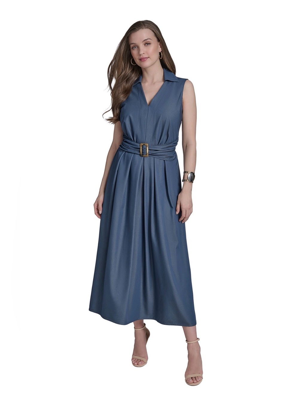 Halston Sleeveless Collared V-Neck Faux Denim Midi Dress - Slate Blue - Sz 12